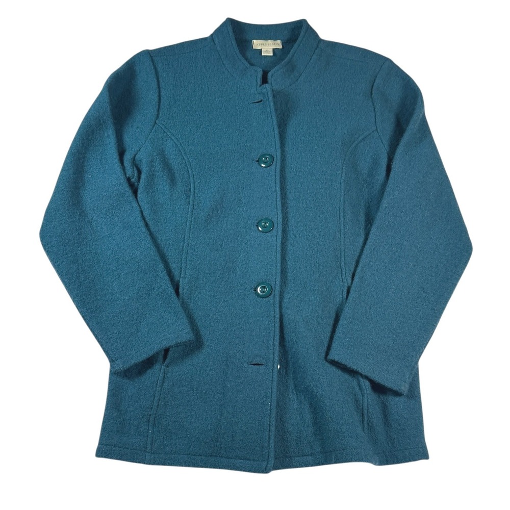 Appleseeds Womens XL Teal Blue 100% Wool Button Up Mock Neck Jacket Coat